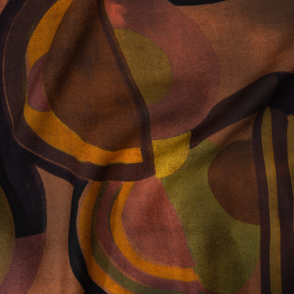 Viscose Crepe - Brown, Dark Red and Olive Green Soft Geometrics - Mood Exclusive Orphic Orbits Print - Joann Fabrics