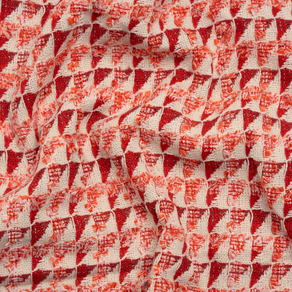 Heavy Polyester Woven with Short Fringe - Ivory and Red Triangles - Deadstock - Joann Fabrics