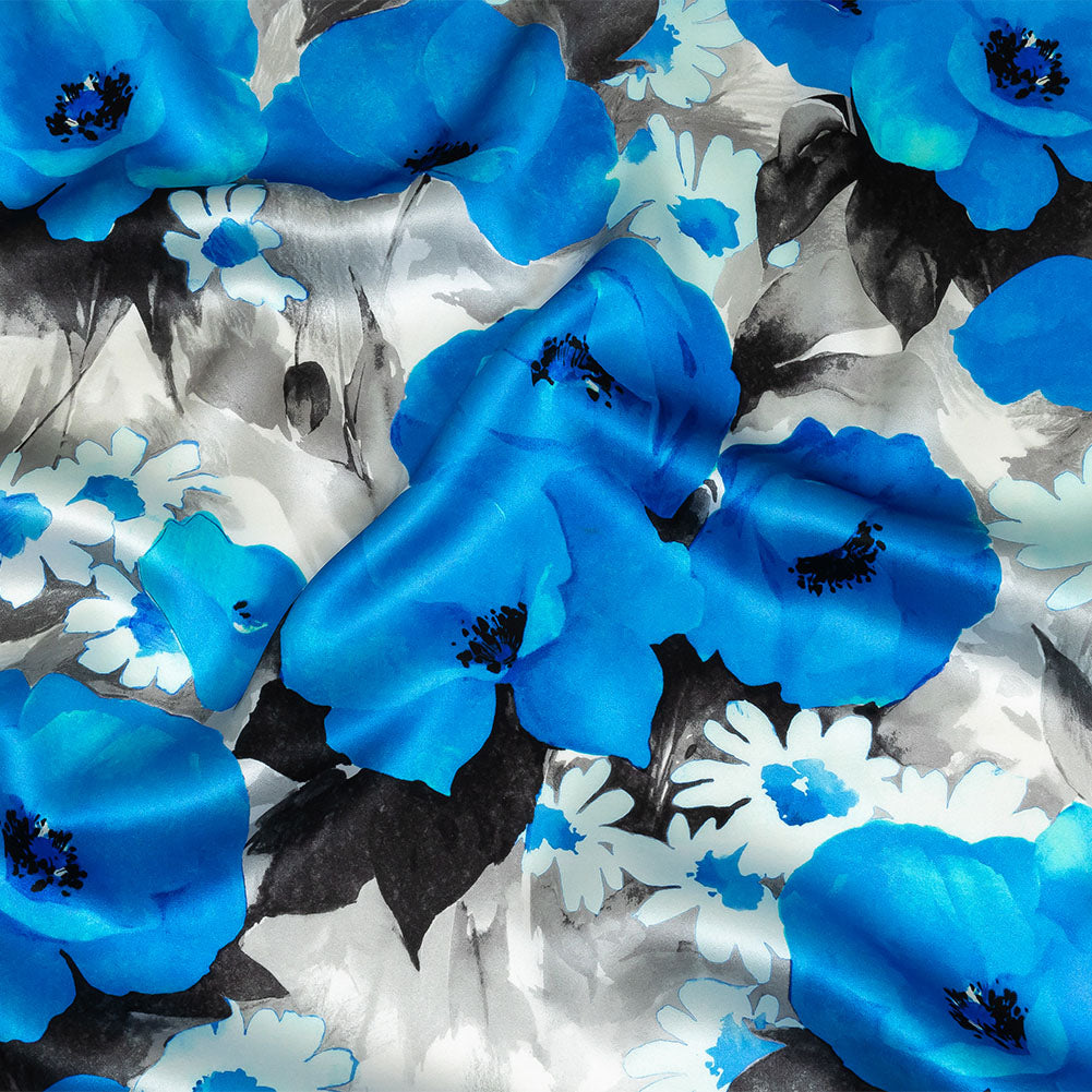 Mood Exclusive Italian Blue, Gray and White Wild Roses Silk Charmeuse - Joann Fabrics