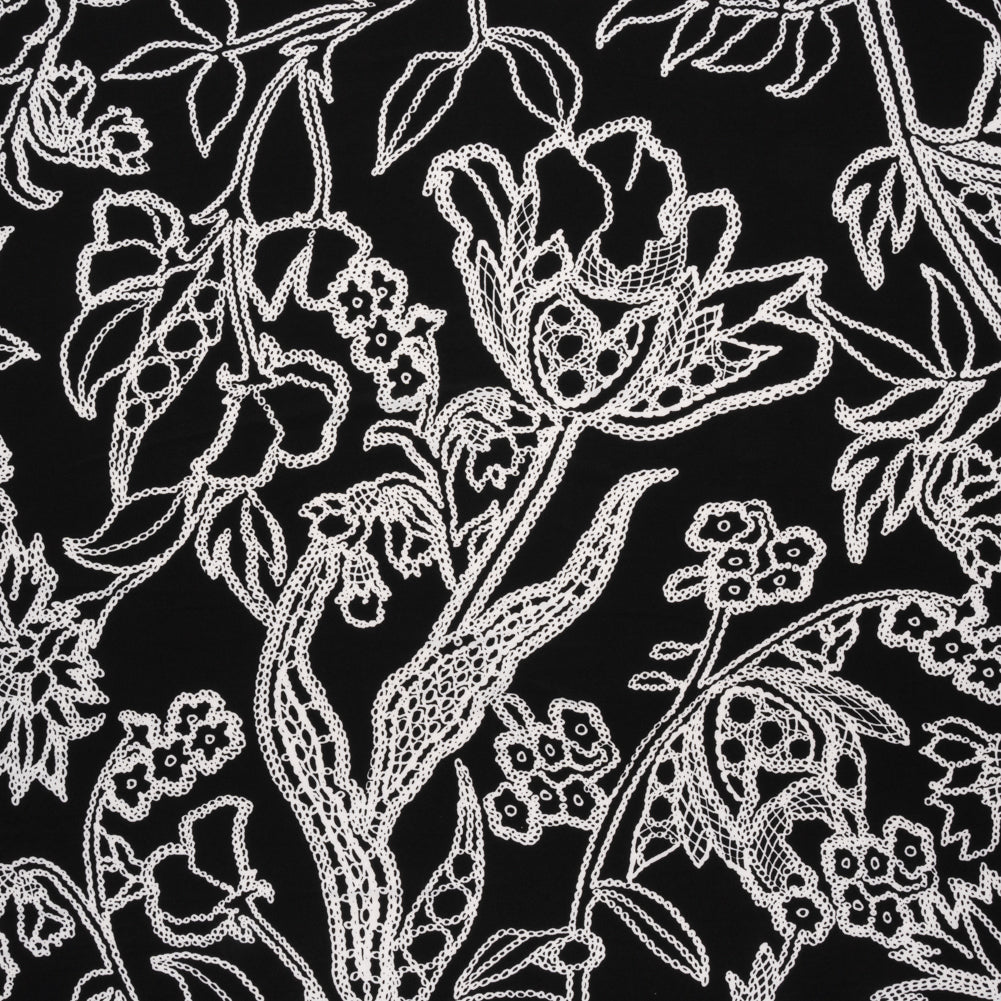 Stretch Polyester Tricot - Black and White Chain Stitch Flowers - Designer Deadstock - Joann Fabrics
