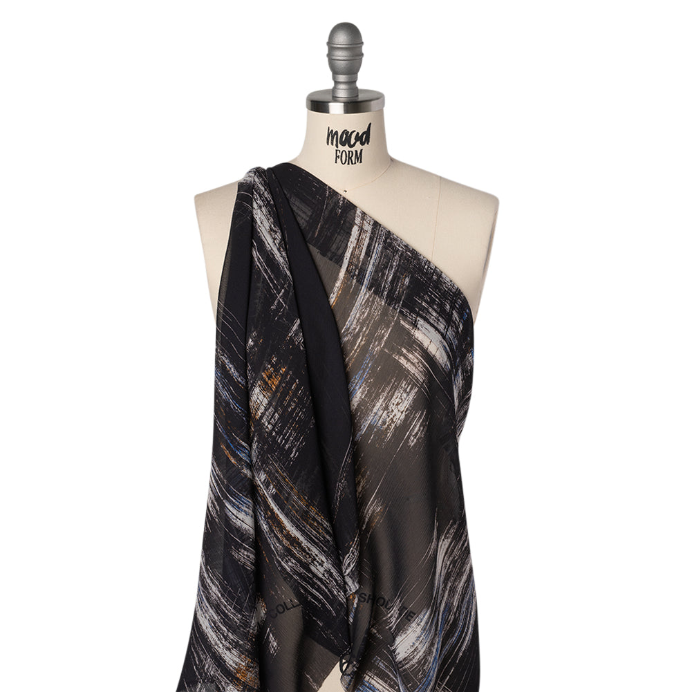 Crinkled Silk Chiffon Print - Black, Blue and White Brushy Plaid - Deadstock - Joann Fabrics