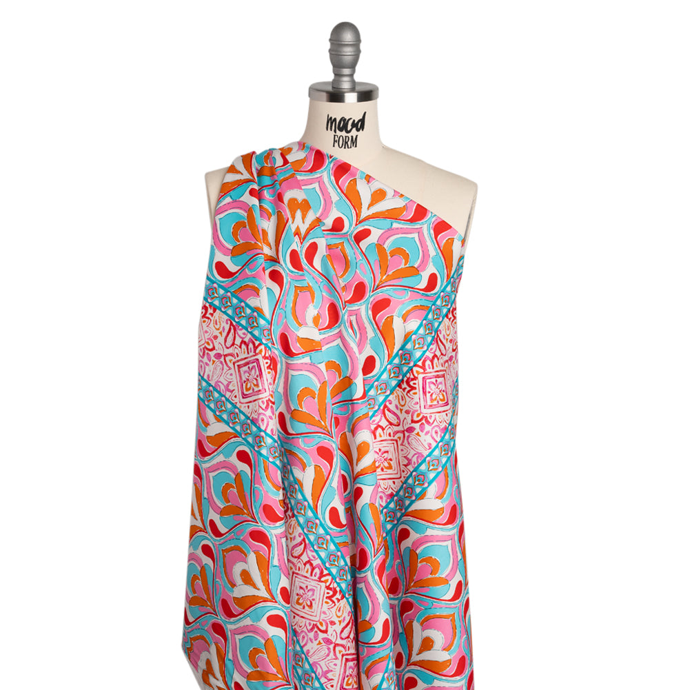 Stretch Cotton Sateen Panel - Turquoise, Pink and Orange Floral Ogees and Stripes - Designer Deadstock - Joann Fabrics
