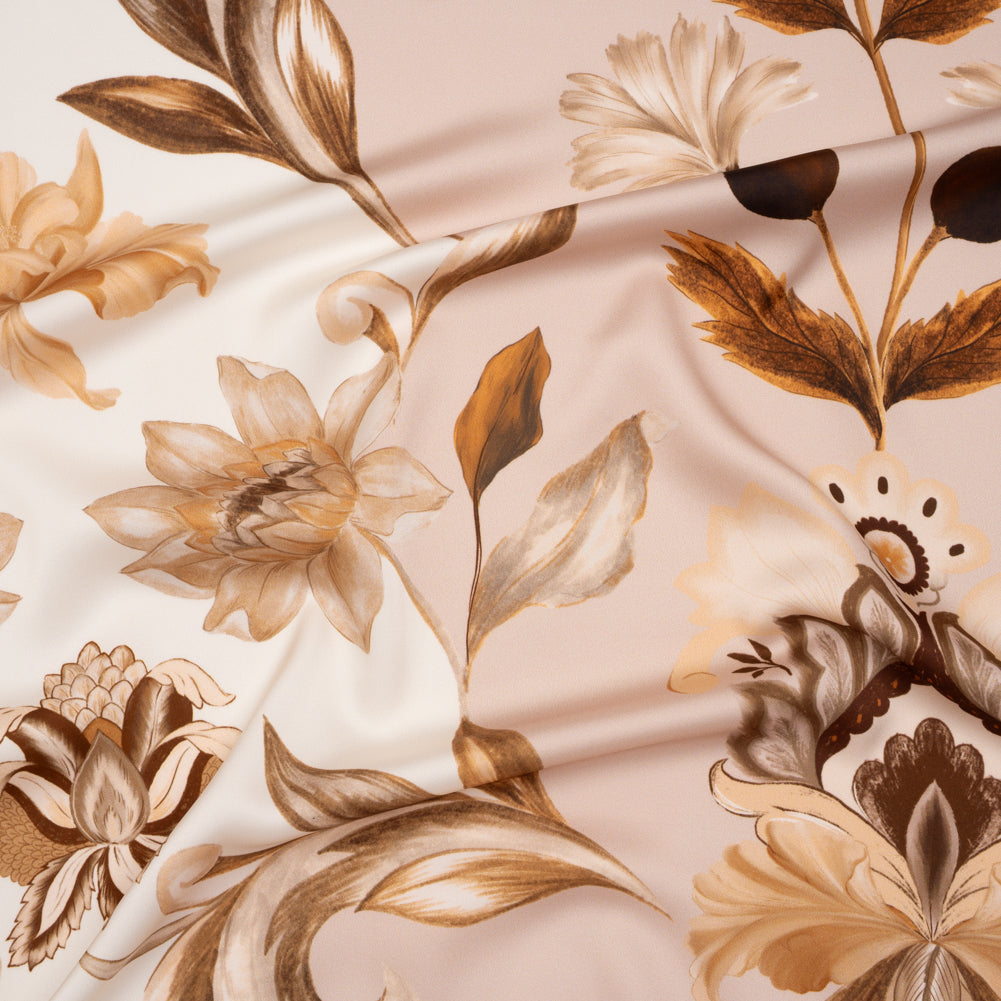 Polyester Satin - White, Beige and Brown Flower Vine Stripes - Mood Exclusive Fleur de Rocaille Print - Joann Fabrics