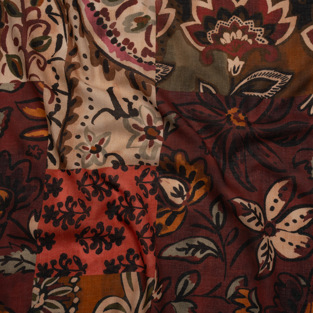 Cotton Crepe - Burgundy, Burnt Orange and Beige Floral Patchwork - Mood Exclusive Bordeaux Blossoms Print - Joann Fabrics