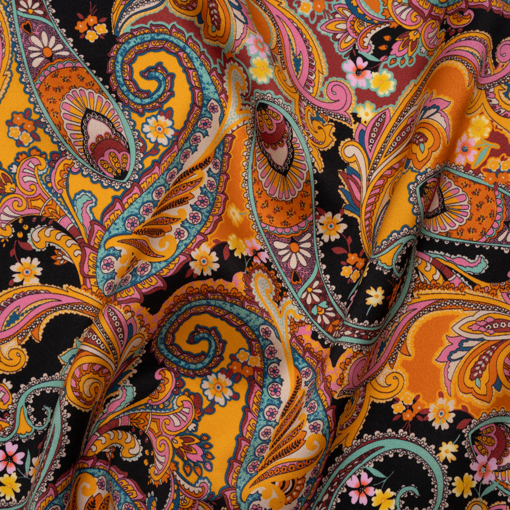 Silk Charmeuse Print 16MM, Made in Italy - Golden Orange, Mint and Black Fancy Paisley - Joann Fabrics