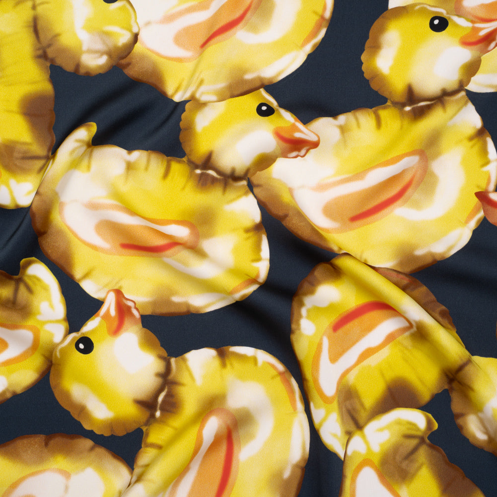 Polyester Satin - Yellow and Navy Large Rubber Ducky Balloons - Mood Exclusive Puffed Pond Print - Joann Fabrics