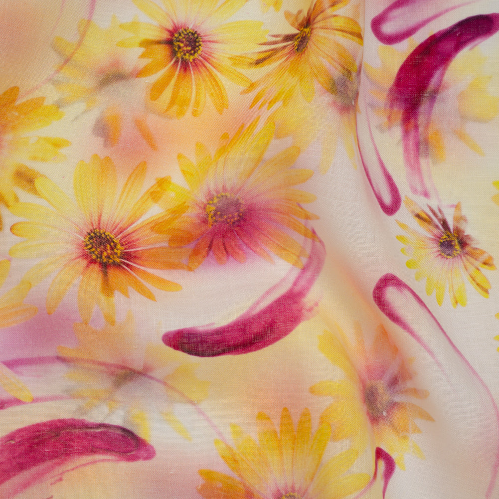 Medium Weight Linen Woven Print - Fuchsia Pink and Bright Yellow Sunflower Garden - Joann Fabrics