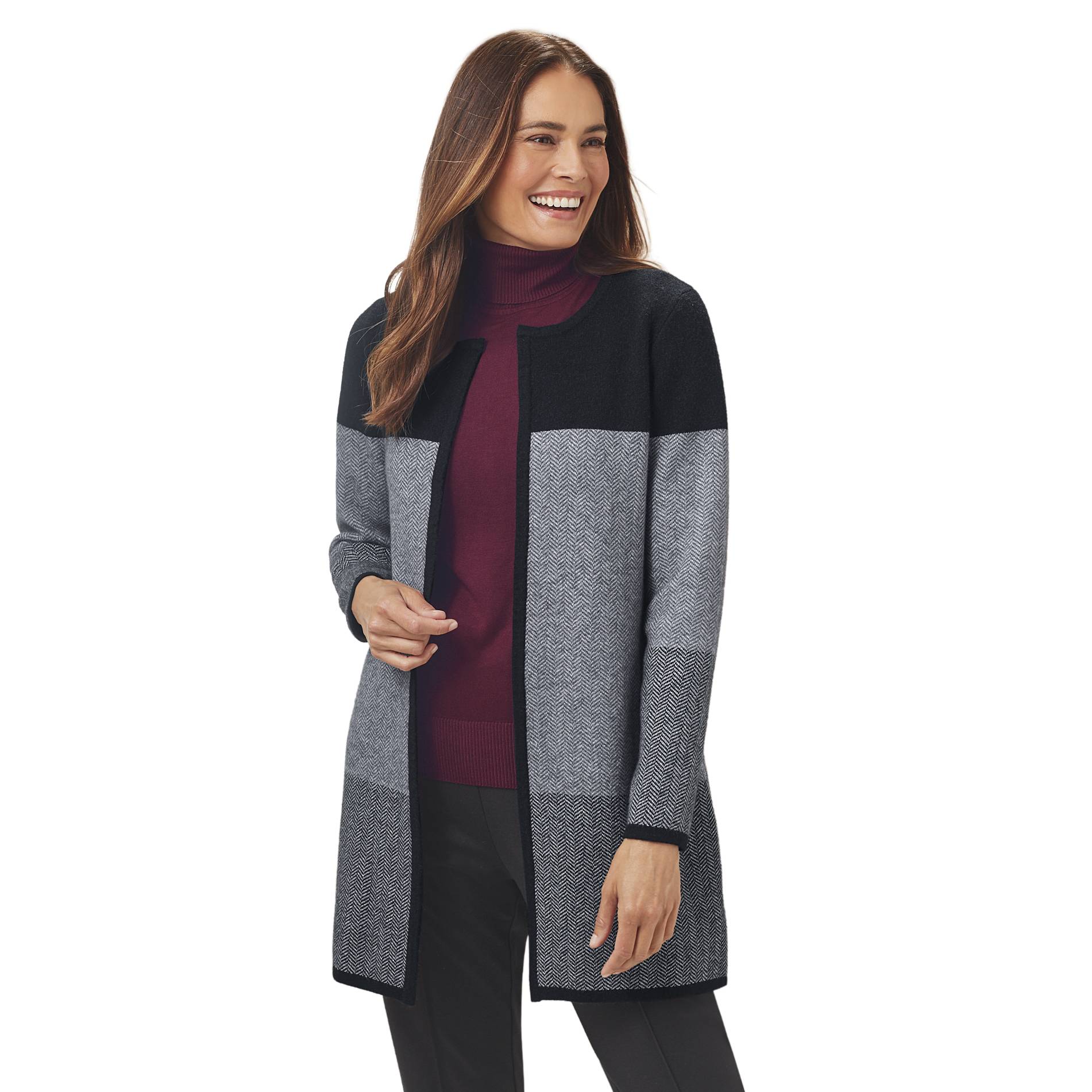 Blocked Herringbone Cardigan, Open Front, Black Trim - Northstyle Catalog