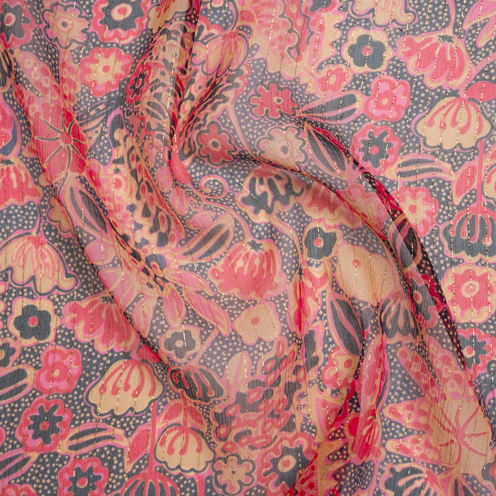 Crinkled Silk Chiffon Print with Metallic Gold Pinstripes - Pink, Navy, and Yellow-Beige Floral - Deadstock - Joann Fabrics