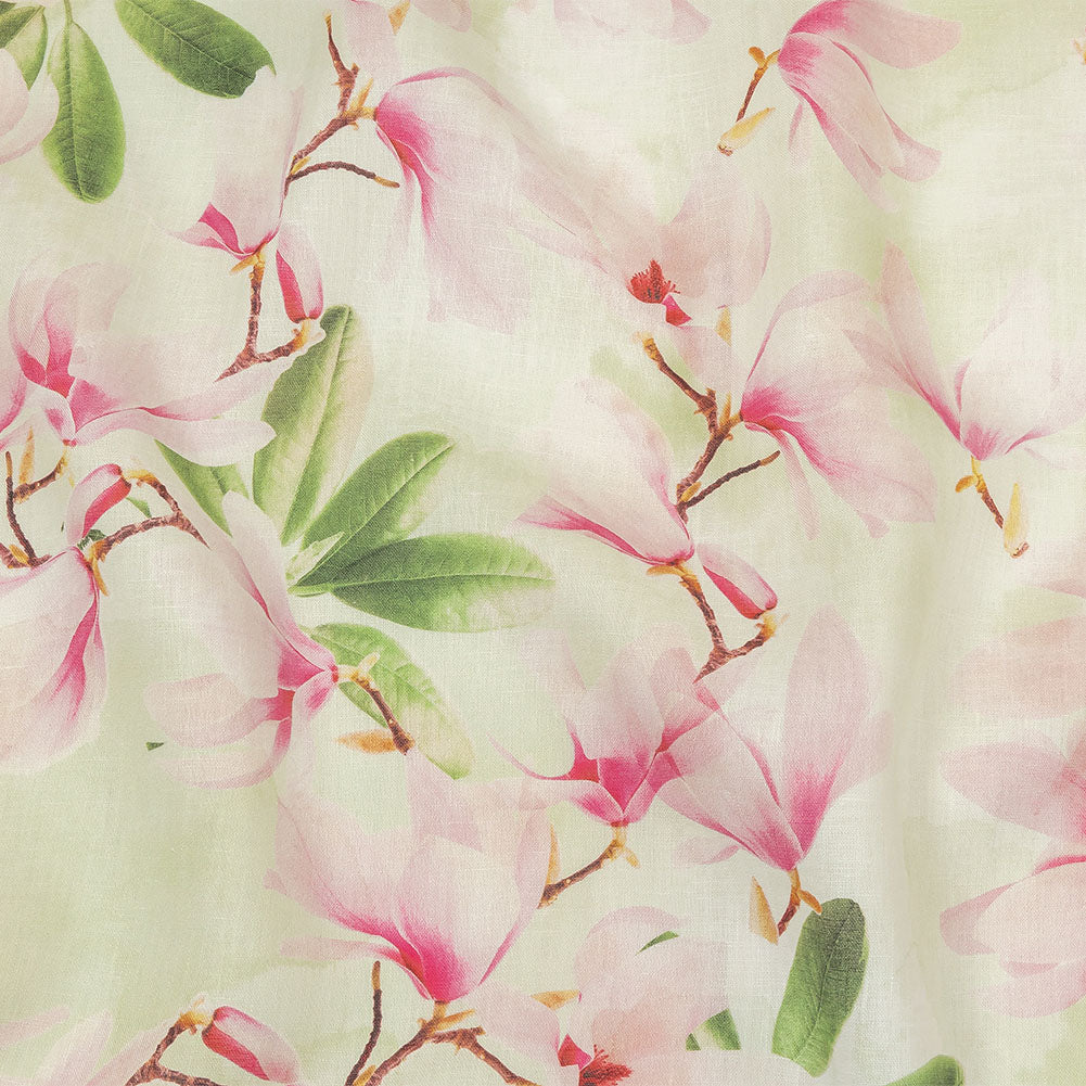 Pink and Green Magnolia Blooms Medium Weight Linen Woven - Joann Fabrics