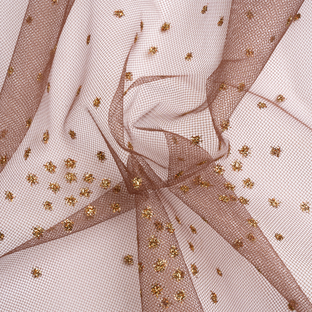 Famous Australian Designer Chocolate and Gold Glitter Spotted Polyester Tulle - Joann Fabrics