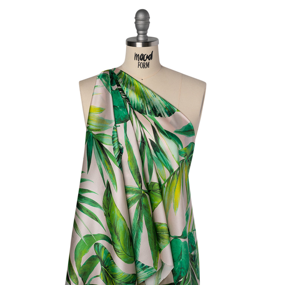 Silk Charmeuse Print 16MM, Made in Italy - Cream and Green Tropical Leaves - Joann Fabrics
