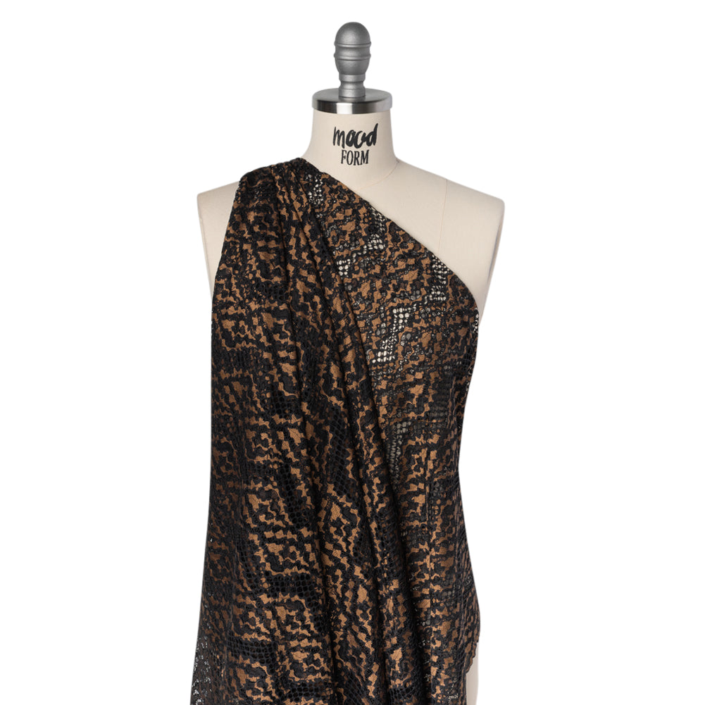 Raschel Lace with Organic Finished Edges - Black and Nude Abstract Wavy Stripes - Joann Fabrics