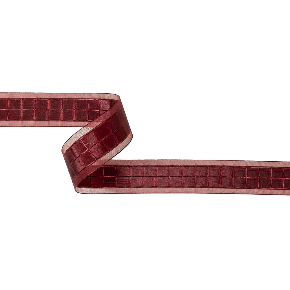 Wine Red Windowpane Checks and Sheer Borders Woven Ribbon - 1