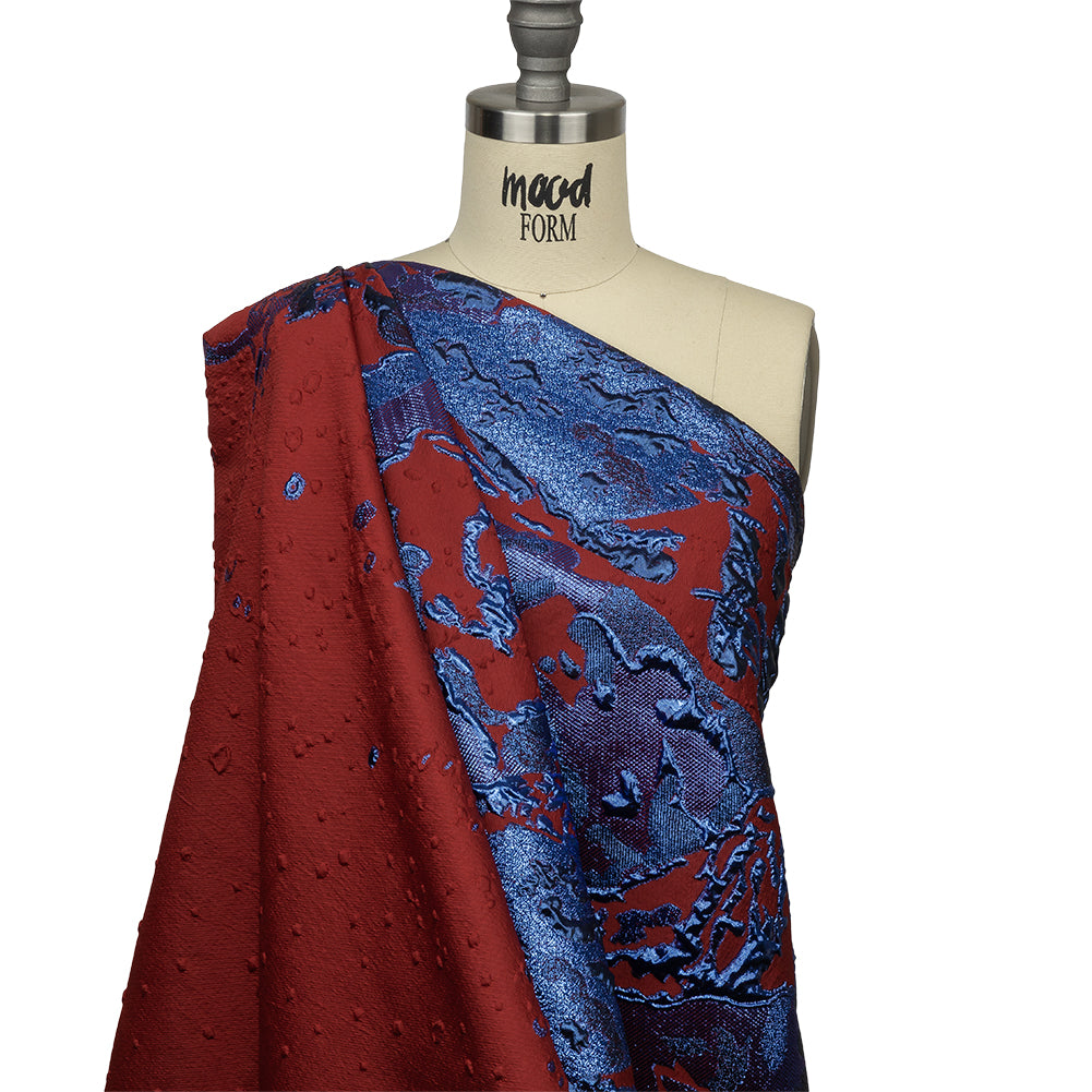 Metallic Diode Blue and Dark Red Spotted and Splattered Luxury Brocade - Joann Fabrics