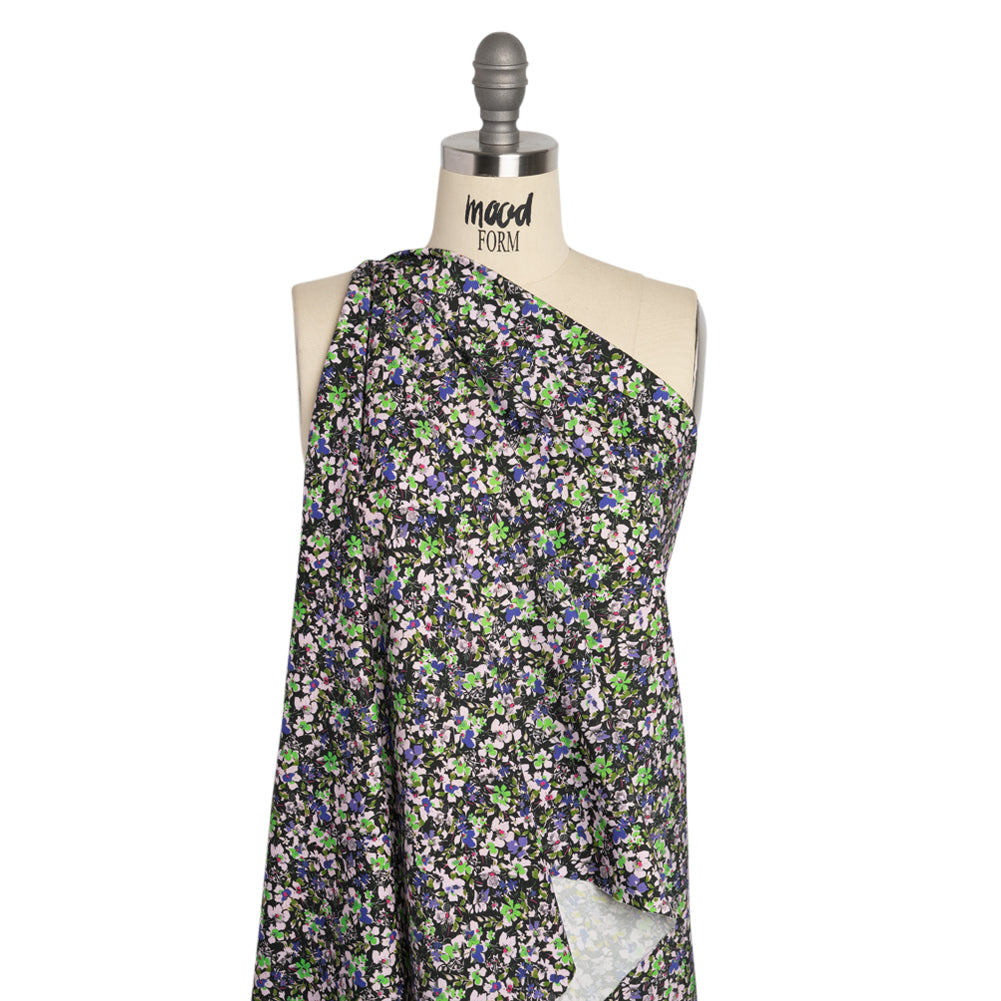 Stretch Cotton and Viscose Sateen Print - Indigo, Lime and Black Floral - Mood Exclusive Meandering at Midnight - Joann Fabrics