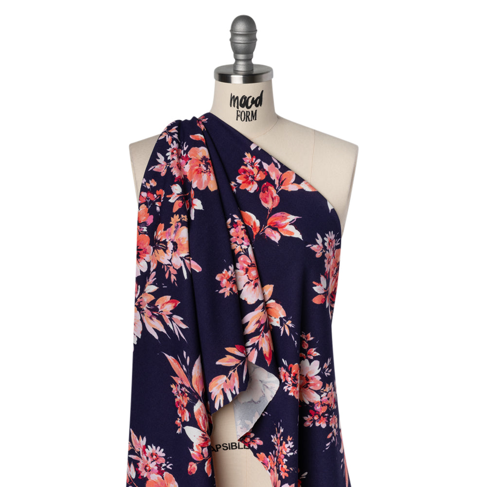 Stretch Polyester Crepe Double Knit - Navy Blue, Pink and Peach Floral - Designer Deadstock - Joann Fabrics