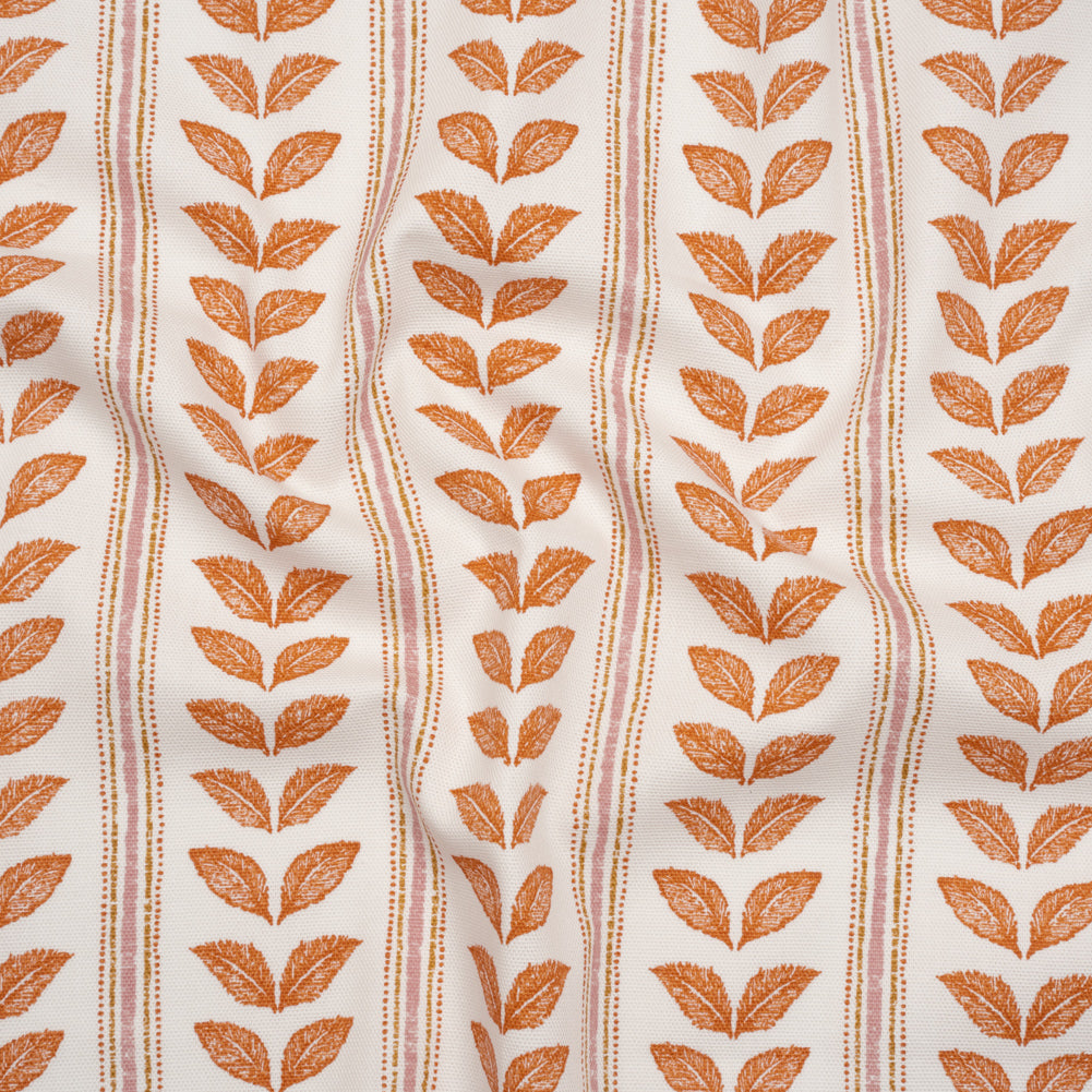 Cotton Canvas Print - Tangerine Leaves and Stripes - British Imported - Joann Fabrics
