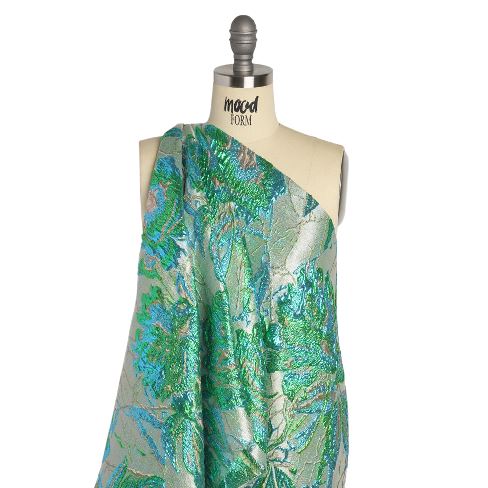 Metallic Green, Blue and Pale Gold Radiant Roses Luxury Brocade - Joann Fabrics