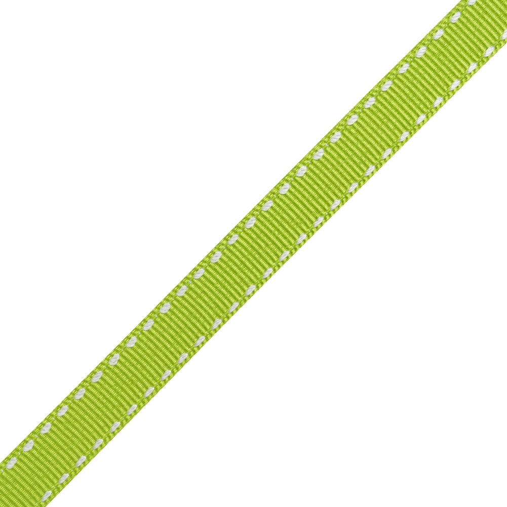 Grosgrain Ribbon with White Stitched Borders - Lime Green - 0.4375