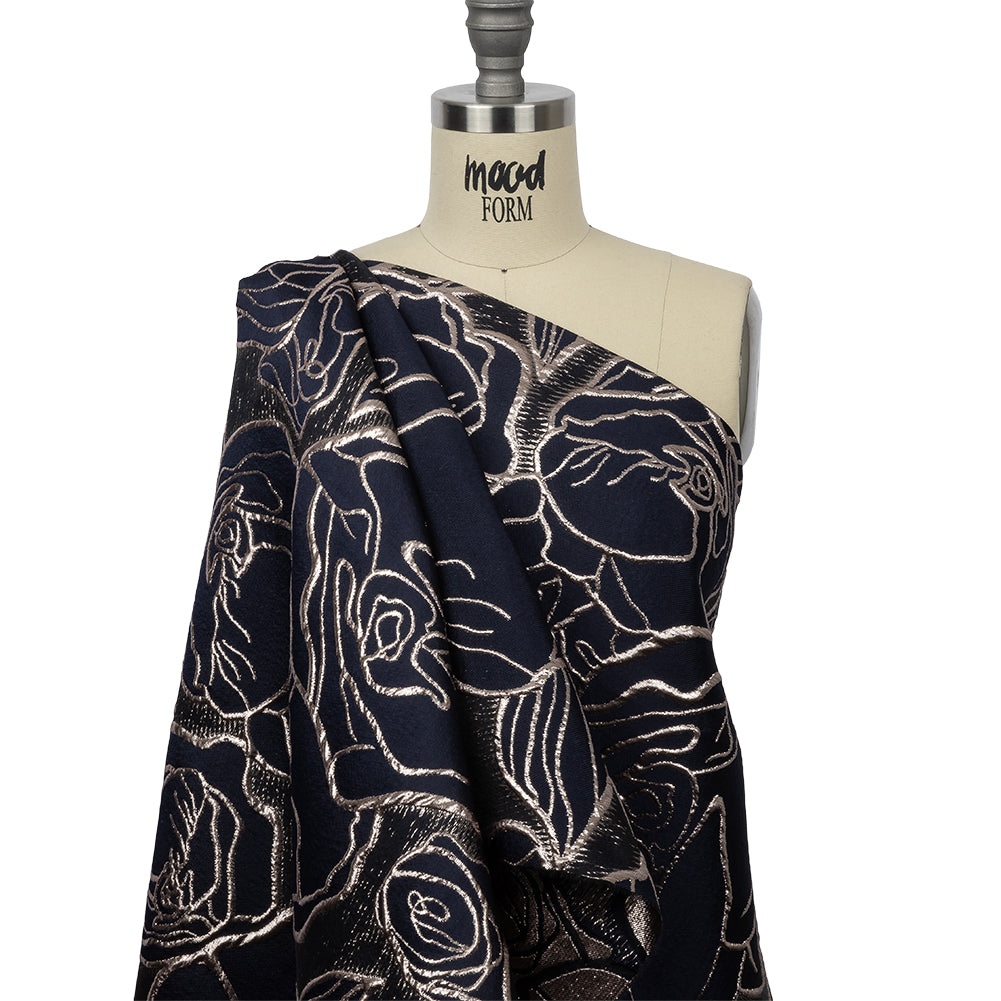Metallic Rose Gold and Navy Outlined Florals Luxury Brocade - Joann Fabrics