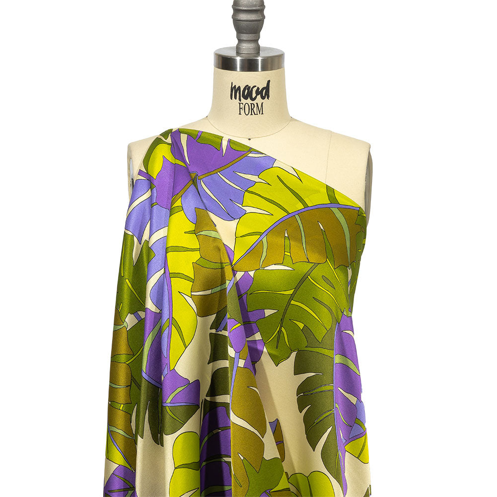 Italian Deep Lavender, Olive and Lime Jungle Leaves Silk Charmeuse - Joann Fabrics