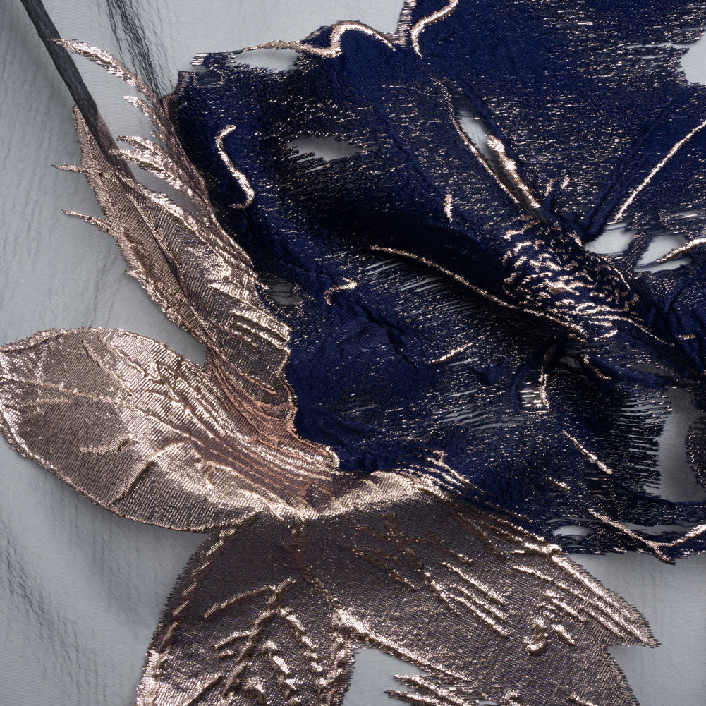 Metallic Rose Gold and Navy Big Florals Luxury Burnout Brocade - Joann Fabrics