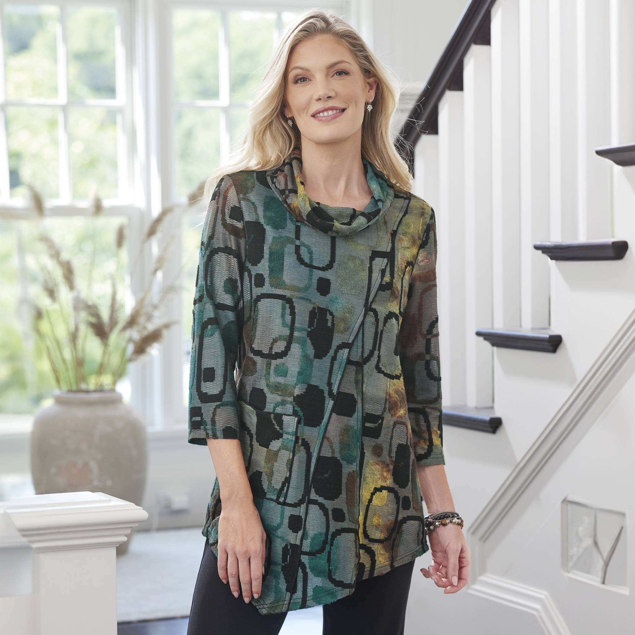 Textured Burnout Tunic, Soft Brushed Knit, Cowlneck, Pocket, Angled Hem - Northstyle Catalog