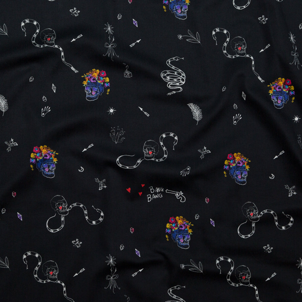 Stretch Cotton Sateen - Black and Multicolor Skulls and Snakes - Lover's Farewell Print - Mood Exclusive Crow Collection - Joann Fabrics