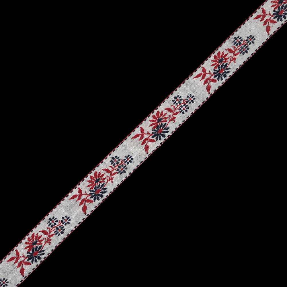 Red, White and Blue Floral German Jacquard Ribbon - 0.875