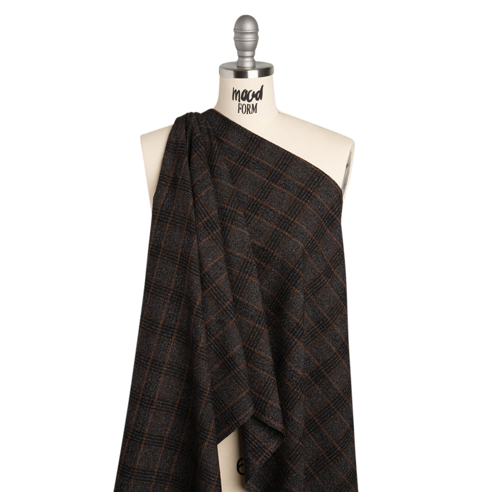 Wool and Silk Tweedy Lightweight Coating Made in Italy - Black, Gray and Burnt Orange Plaid - Deadstock - Joann Fabrics
