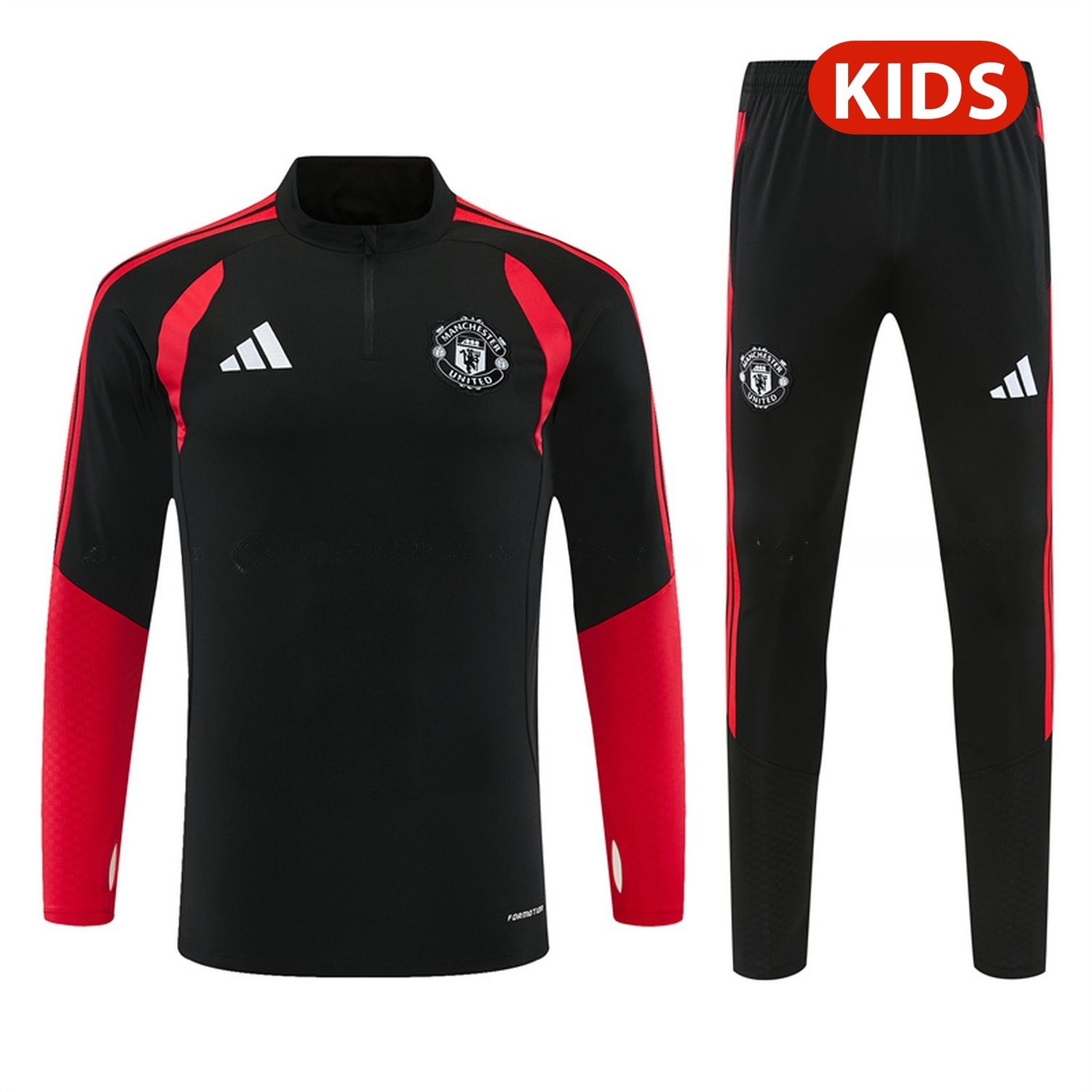 Manchester United 26-27 With Red Kids Long Sleeve Training Set - Black Top & Black Pants - UnitedFutballJersey