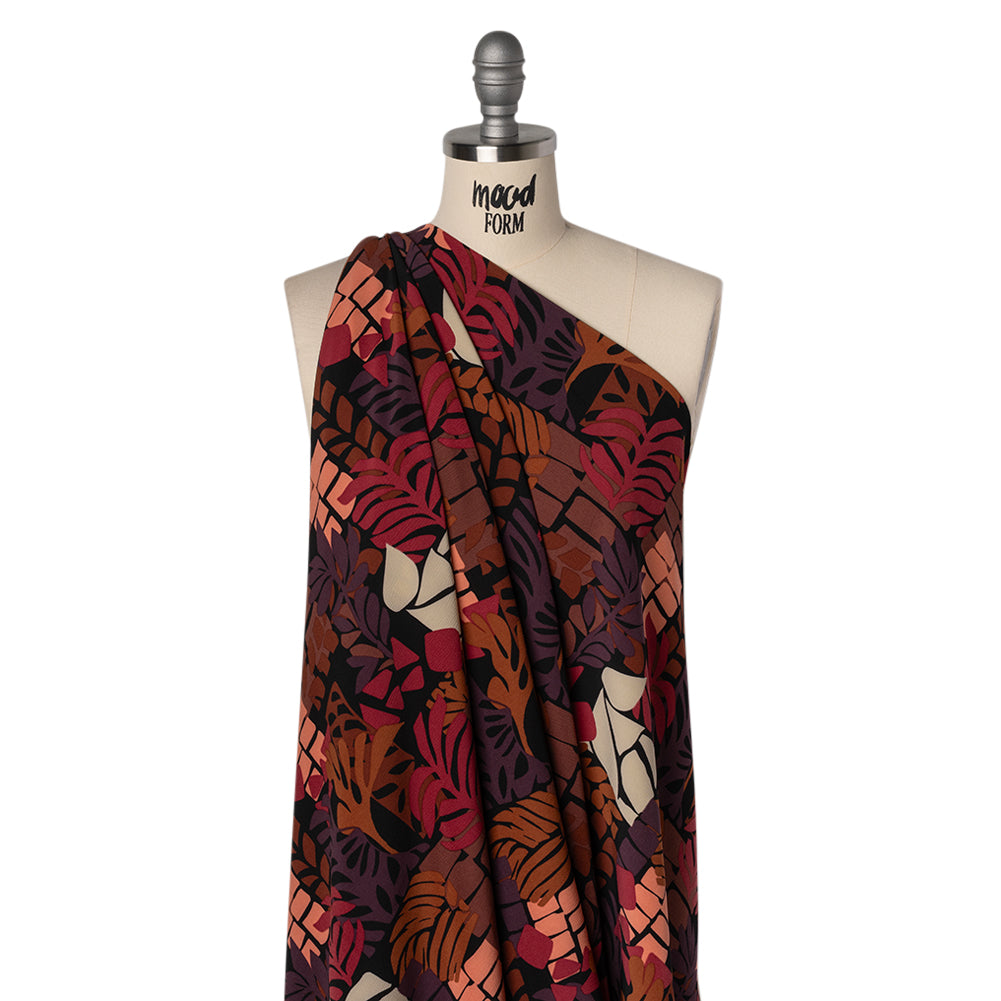 Stretch Polyester Crepe Print - Berry Red, Dark Plum and Brown Blocks and Leaves - Designer Deadstock - Joann Fabrics