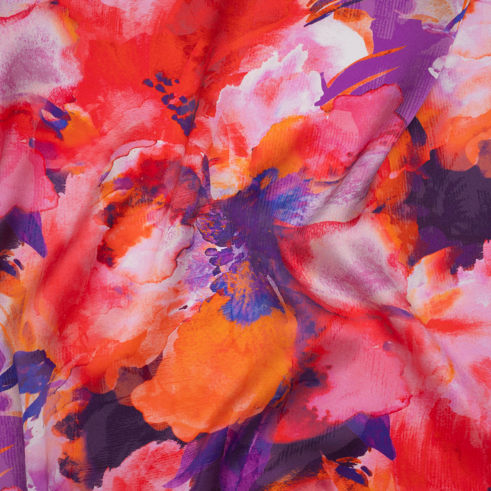 Silk Charmeuse Print 16MM, Made in Italy - Purple, Crimson and Orange Watercolor Flowers - Joann Fabrics