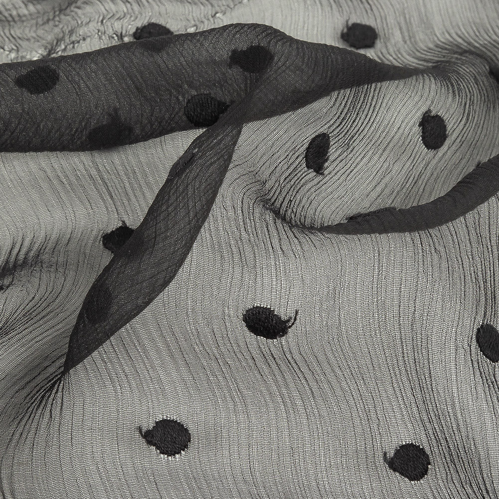 Famous Australian Designer Black Embroidered Dots Crinkled Silk Chiffon - Joann Fabrics