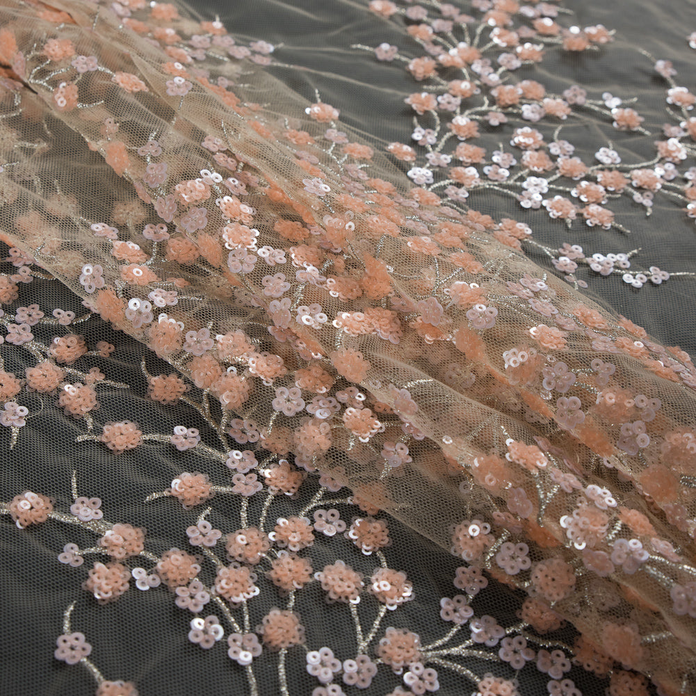 Stretch Net with Sequins - Salmon and Silver Fancy Floral Clusters on Nude - Joann Fabrics