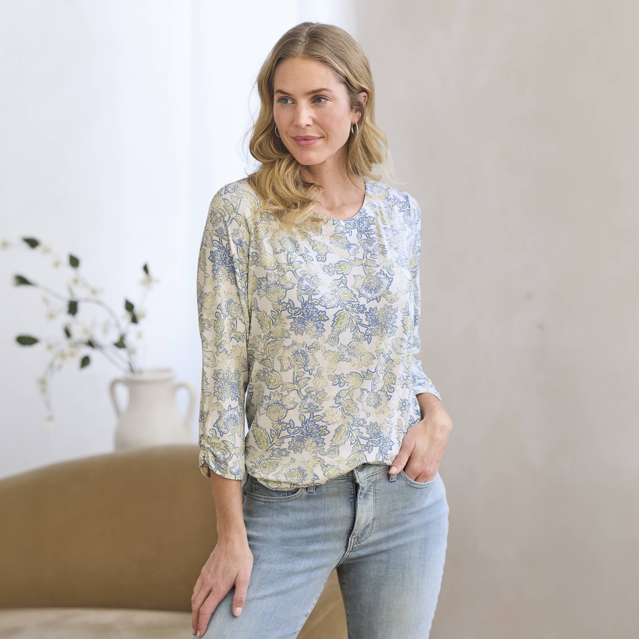 Ruched Sleeve Print Top - Northstyle Catalog