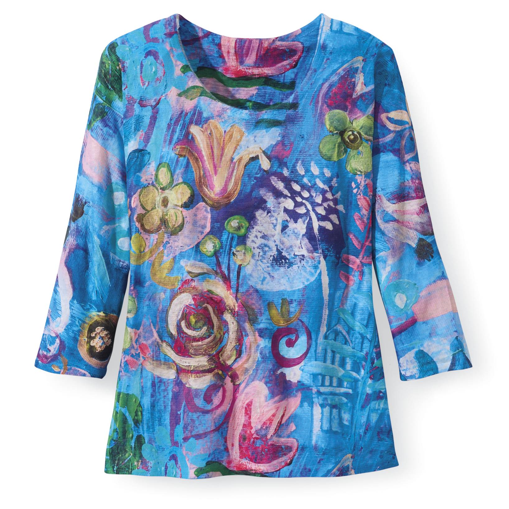 Artsy Floral Knit Top, Soft Slub Fabric, 3/4 Sleeves - Northstyle Catalog