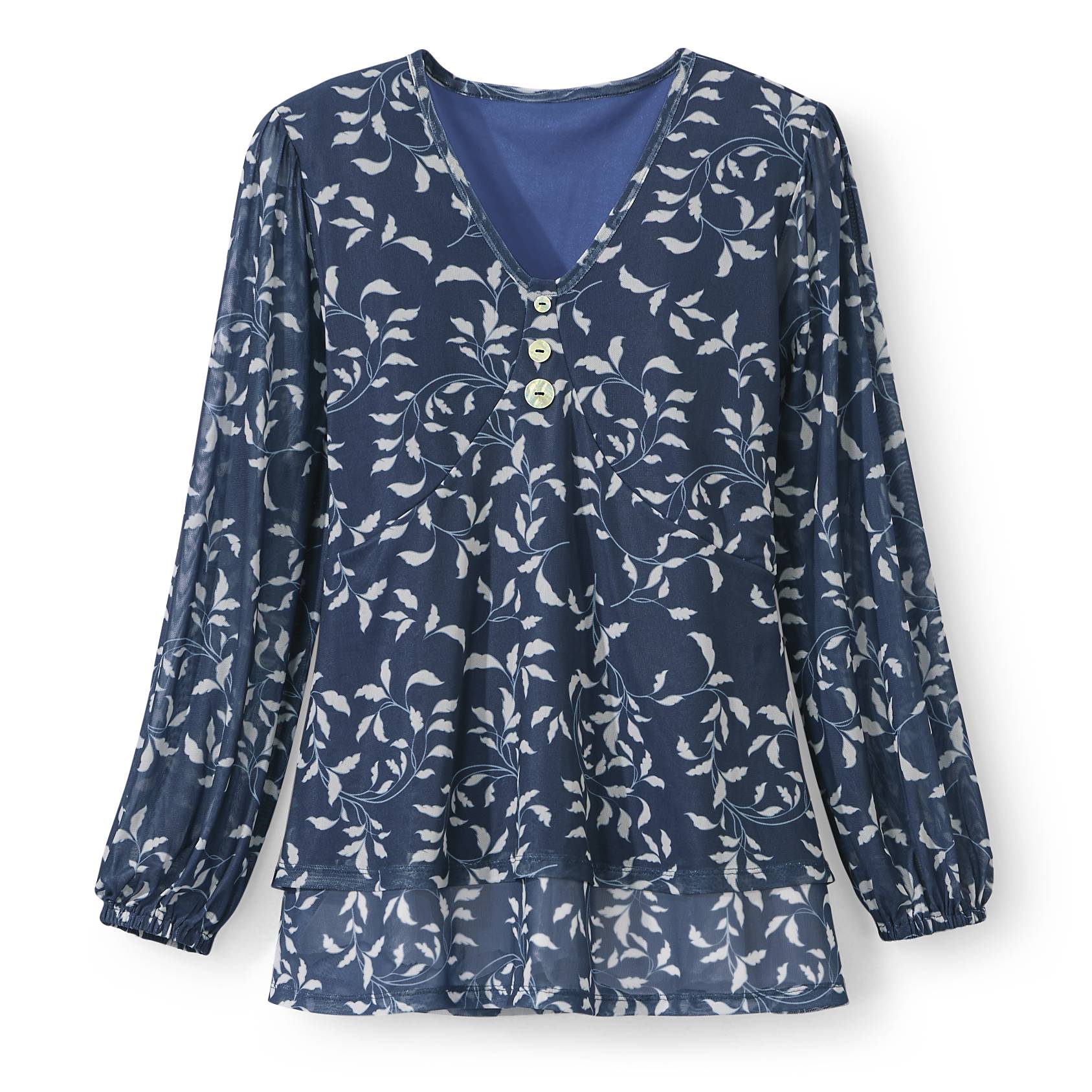 Button-Accent Mesh Top, Long Sleeves, V-Neck, Tiered - Northstyle Catalog