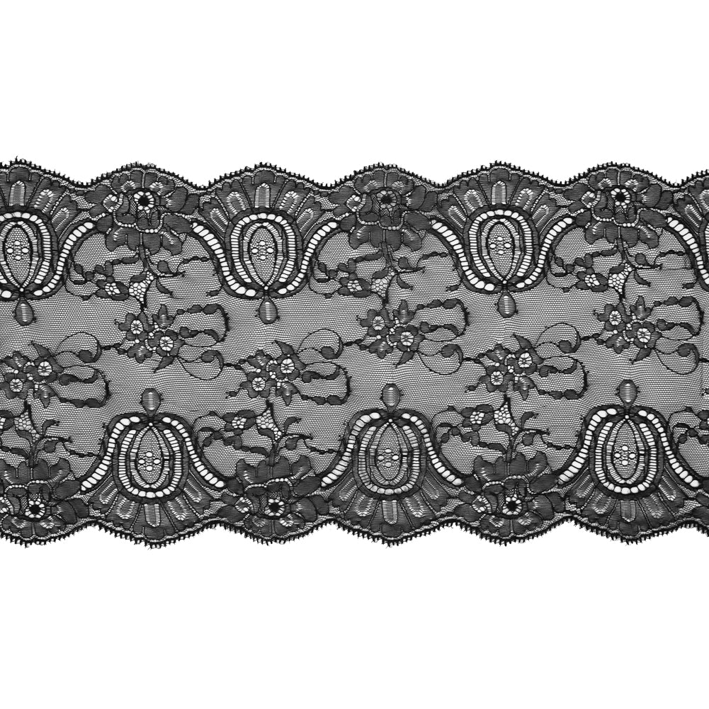 Black Double Scallop Fine Floral Lace Trim - 9.5