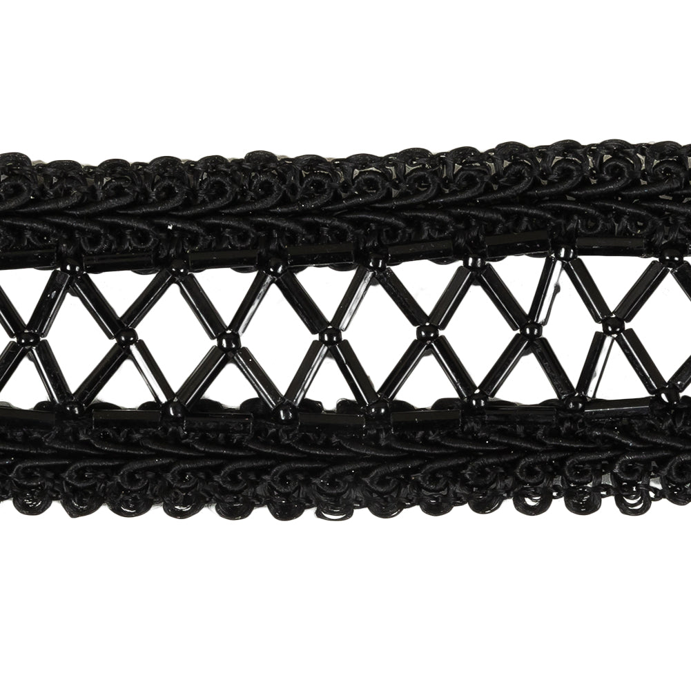 Vintage Black Rectangular Beaded Latticework and Gimp Braid Applique - 7.875