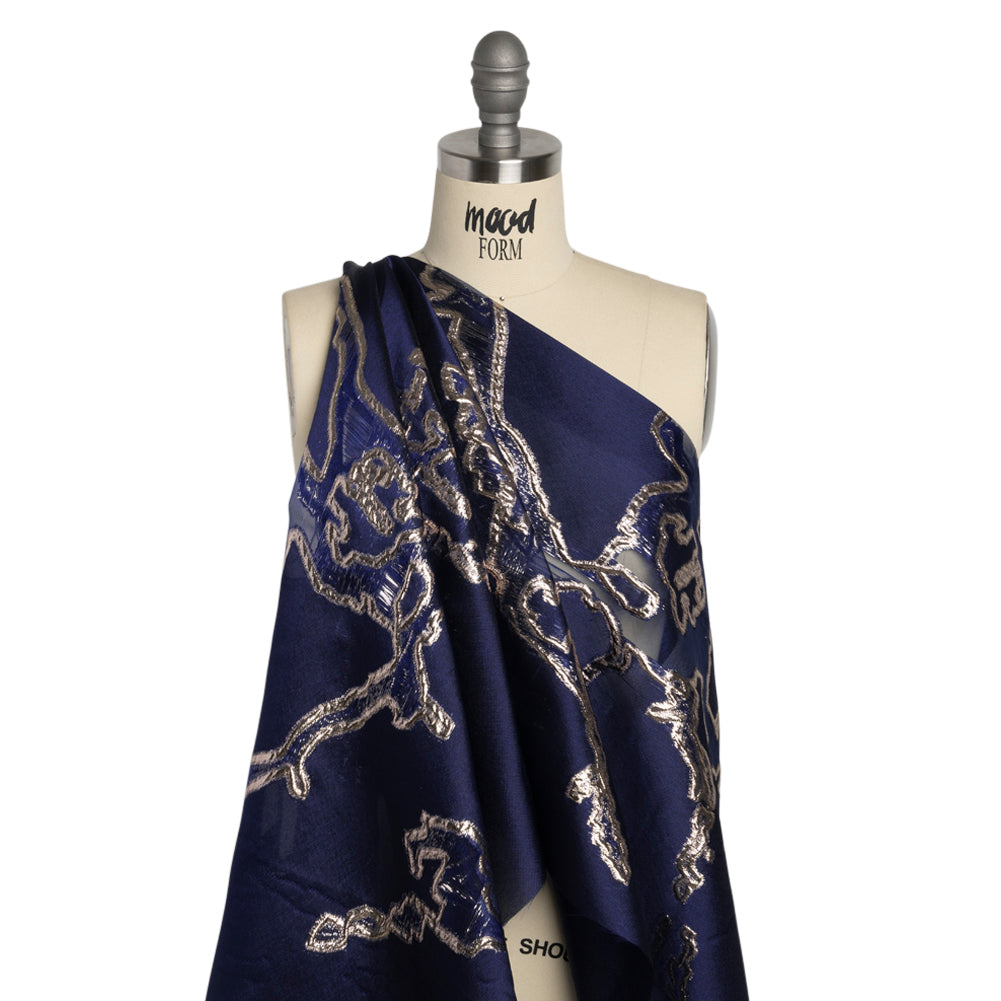 Metallic Silver and Navy Abstract Embers Luxury Burnout Brocade - Joann Fabrics
