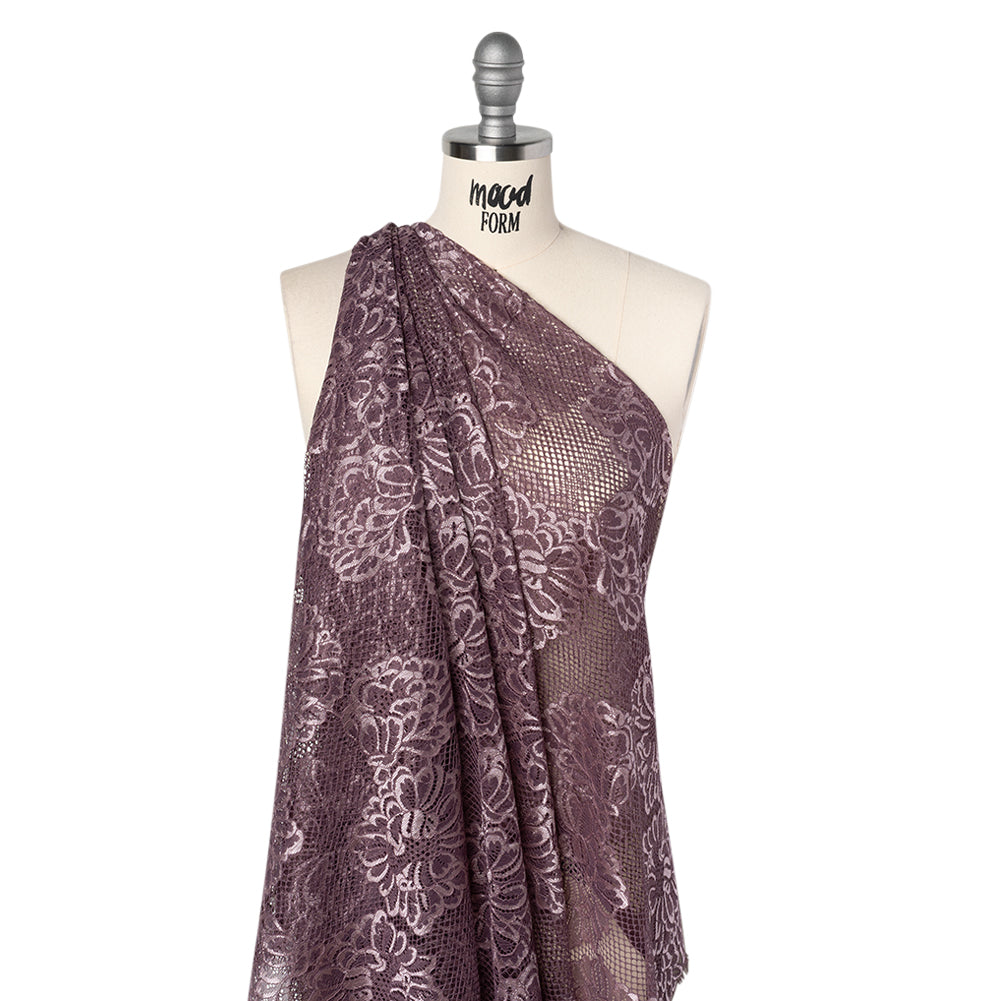 Corded Raschel Lace Panel with Finished Edges - Plum and Burnished Lilac Big Flowers on Diamond Net - Joann Fabrics