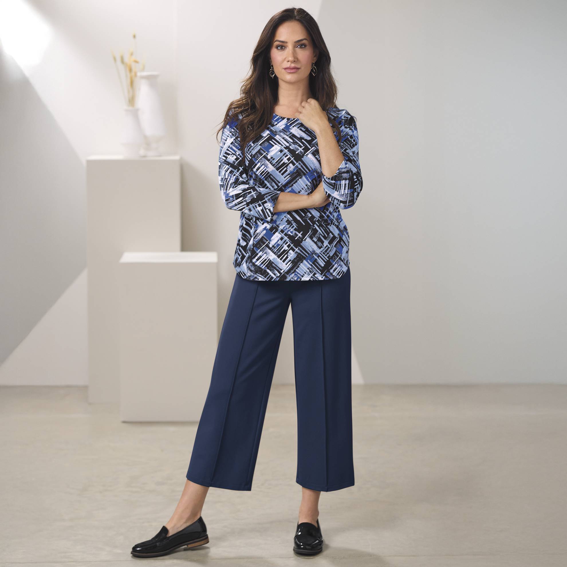 Abstract Print Top, 3/4 Sleeves, Curved Hem - Northstyle Catalog