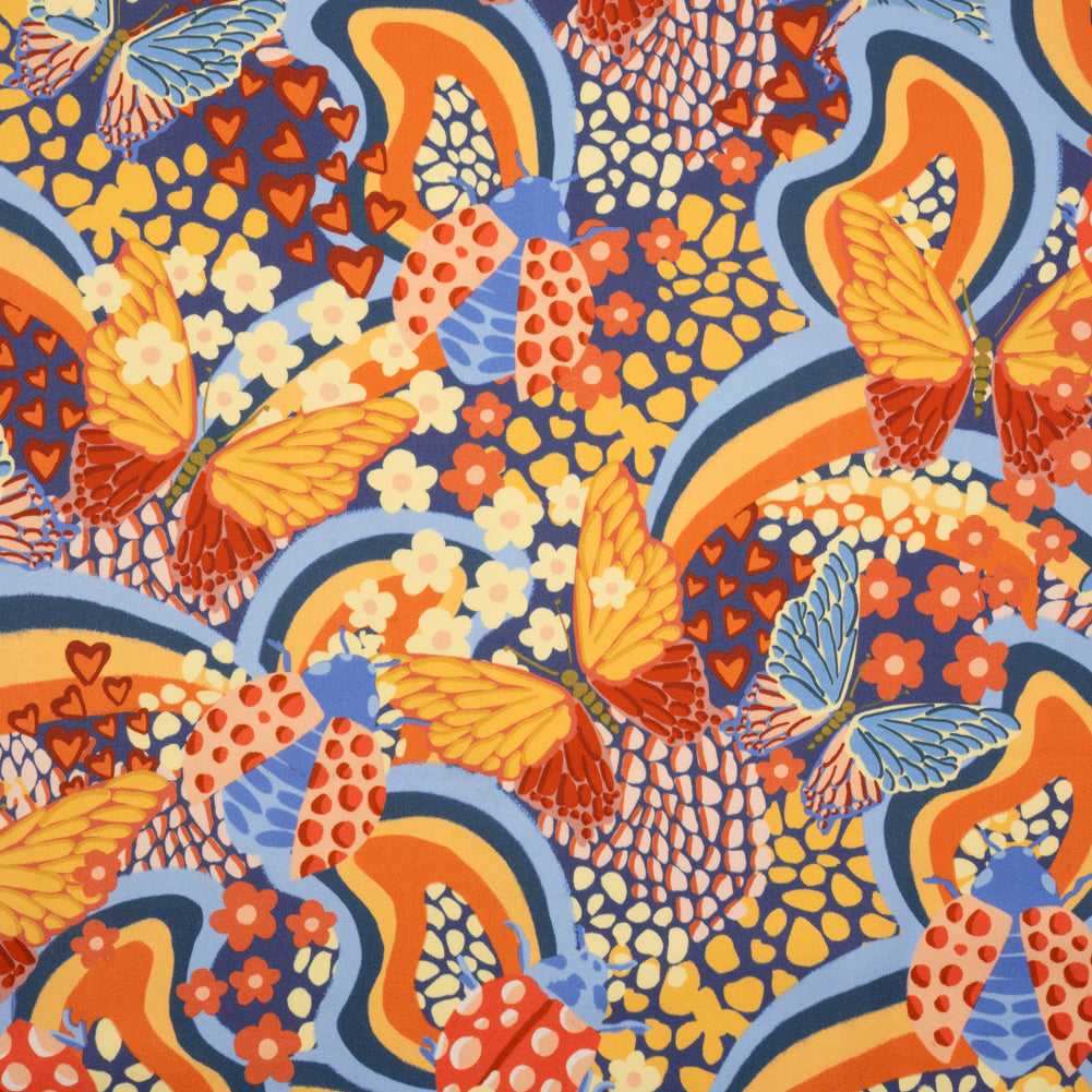 Stretch Cotton Sateen - Orange and Blue Butterflies and Doodles - Sunbeam Garden Print - Mood Exclusive Chariot Collection - Joann Fabrics