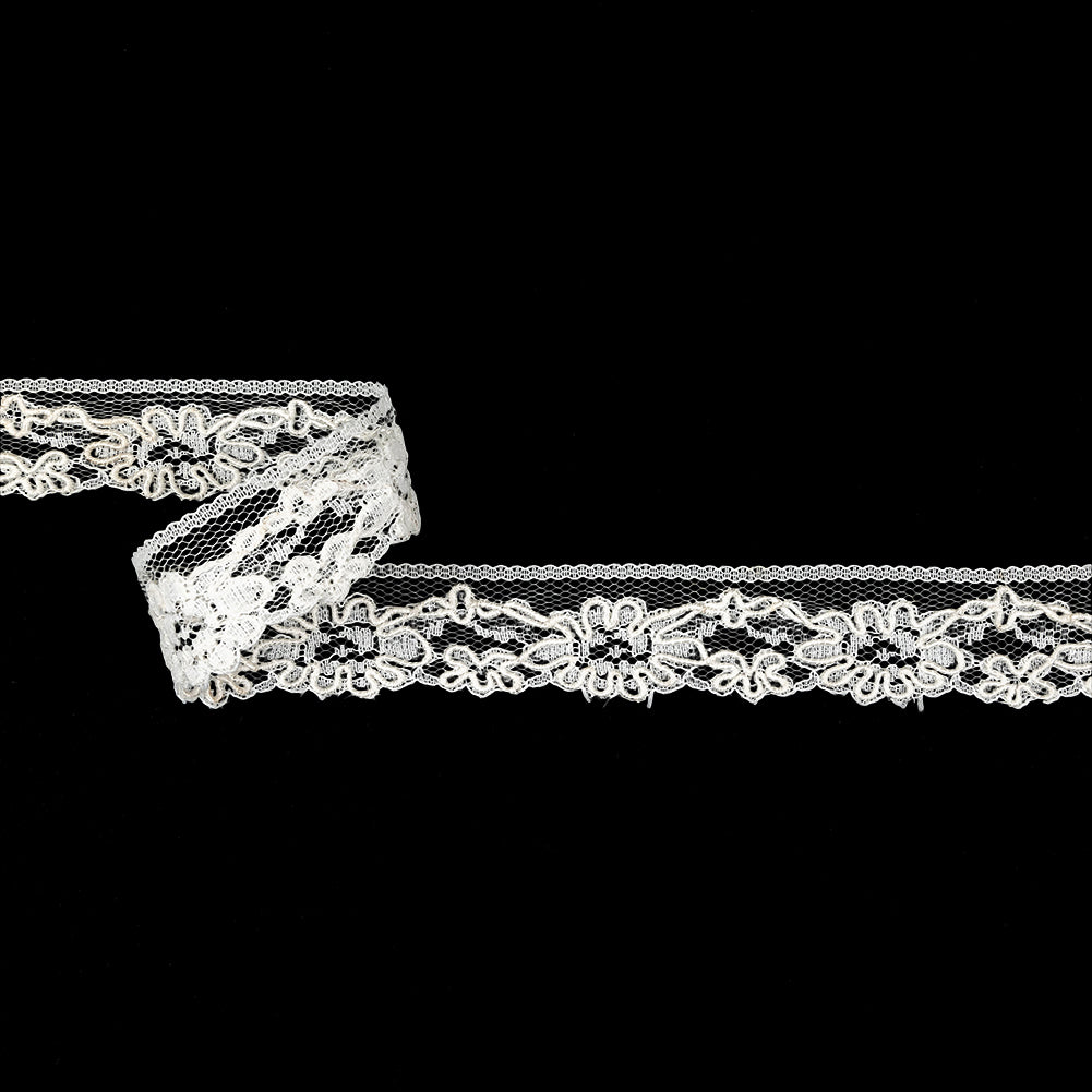 White Floral Corded Lace Trim - 1.125