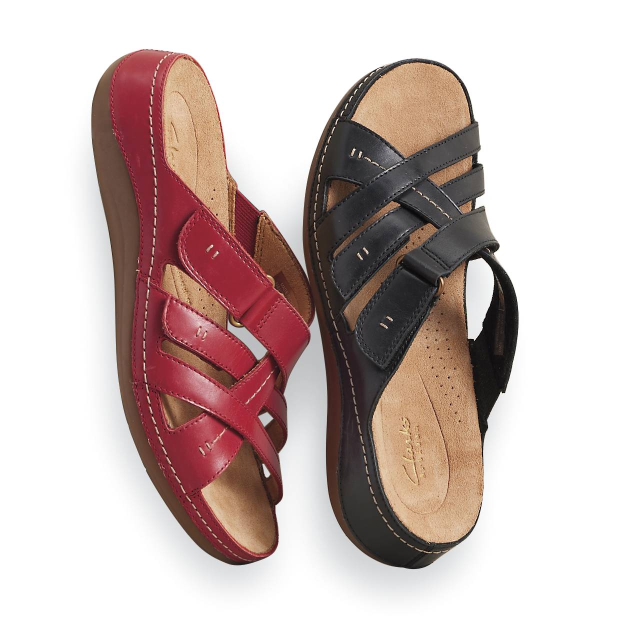 Clarks® Leather Slide Sandals, Hook-and-Loop Straps, Contoured Footbed - Northstyle Catalog