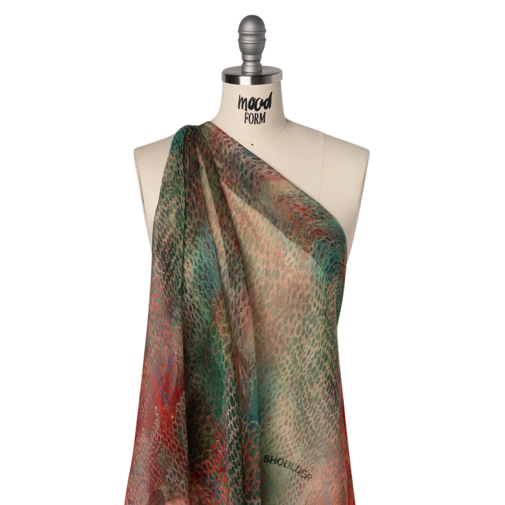 Crinkled Silk Chiffon Print - Red and Green Snakeskin - Deadstock - Joann Fabrics