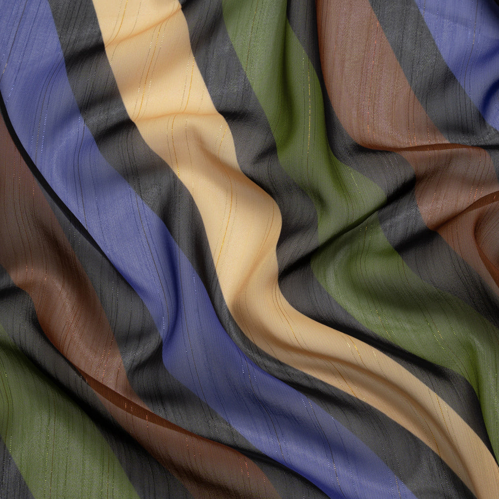 Polyester Chiffon Print with Metallic Pinstripes - Brown, Green and Purple Diagonal Stripes - Mood Exclusive Seemingly Slanted - Joann Fabrics