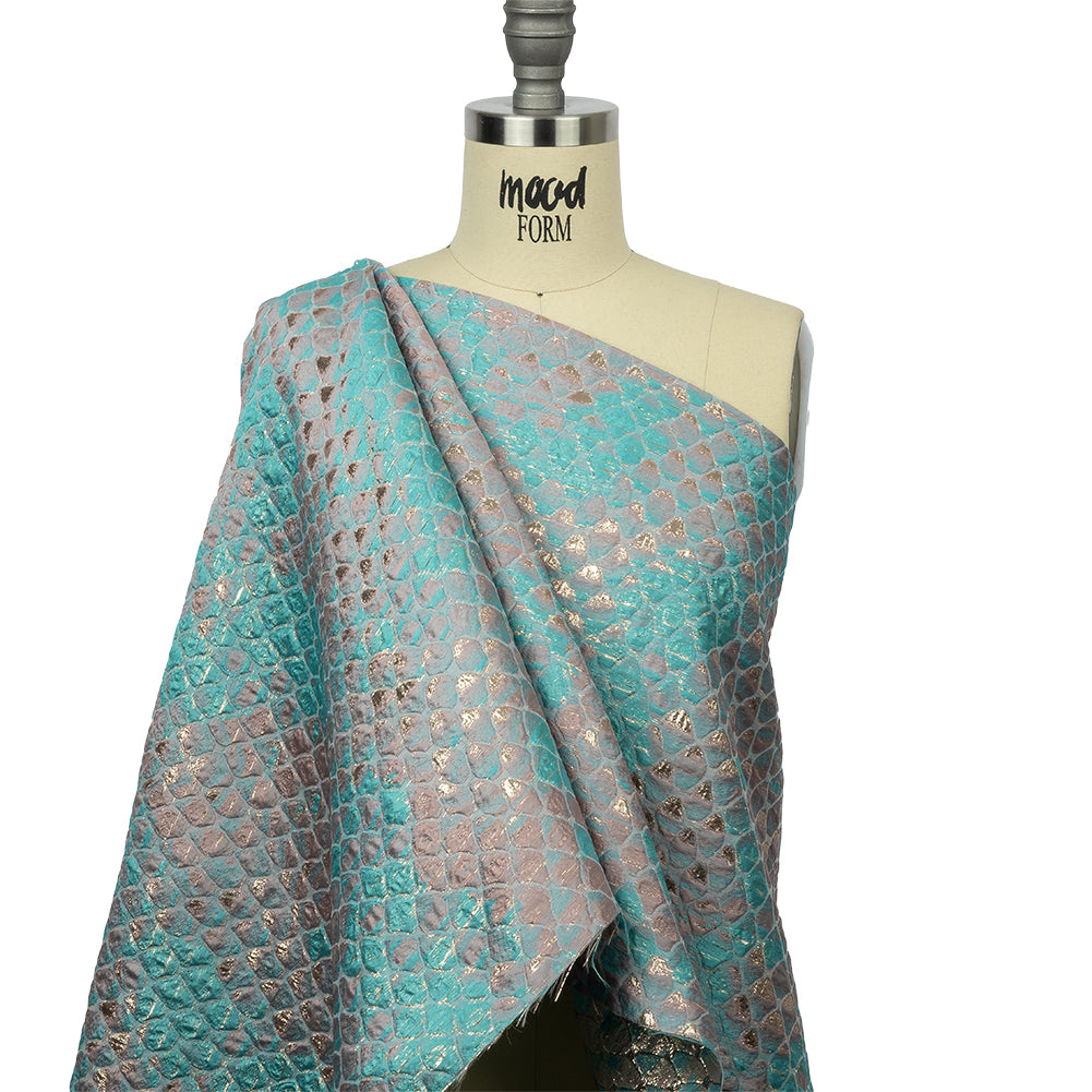 Metallic Pacific Blue and Flamingo Pink Abstracted Scales Luxury Brocade - Joann Fabrics